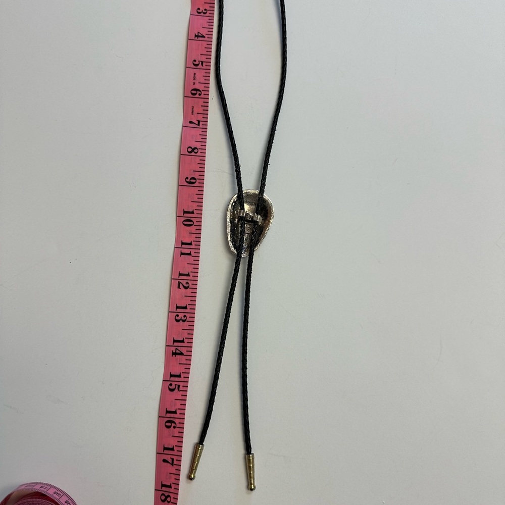 Silver Tone Western Style Bolo Tie with Gold Tone Twisted Rope Around Edge. - Picture 5 of 5